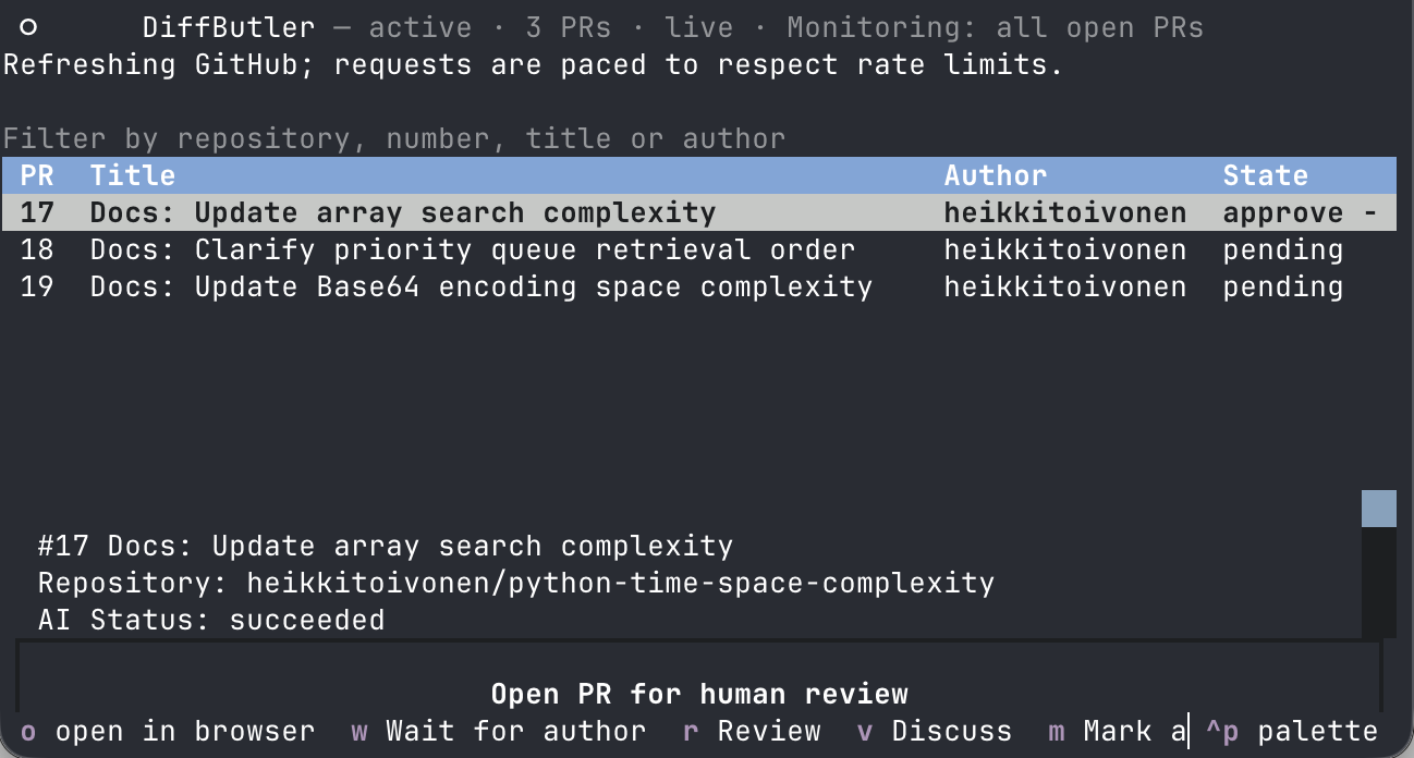 DiffButler dashboard showing pull requests and the next review action